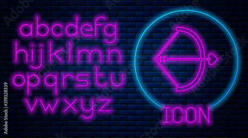 Glowing neon Bow and arrow icon isolated on brick wall background. Cupid symbol. Love sign. Valentines day concept. Neon light alphabet. Vector Illustration