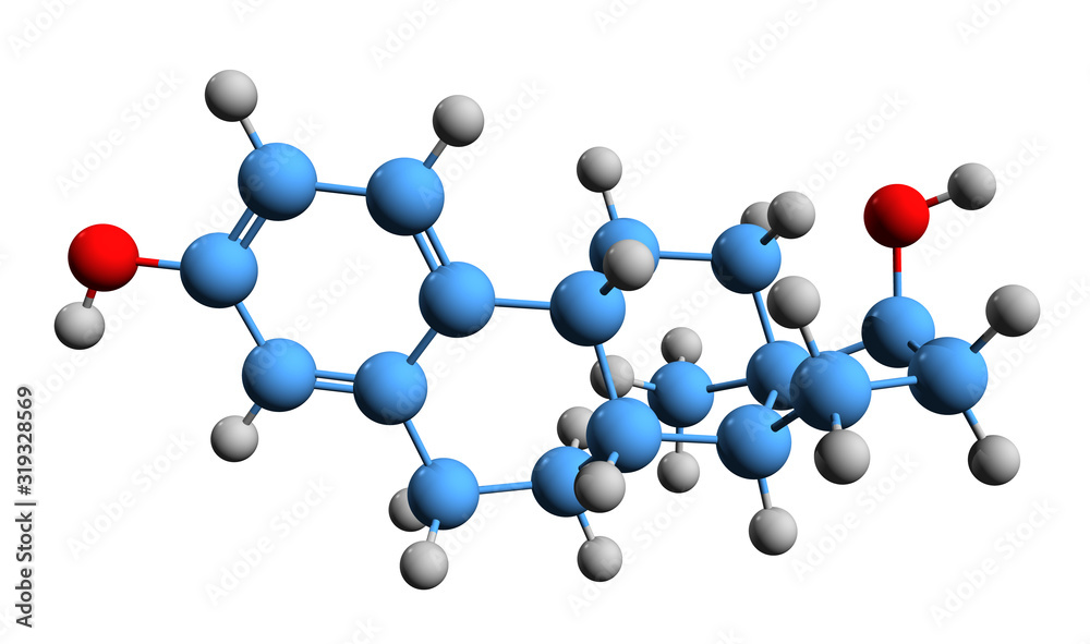 3D image of estradiol skeletal formula - molecular chemical structure of  estrogen steroid hormone isolated on white background,