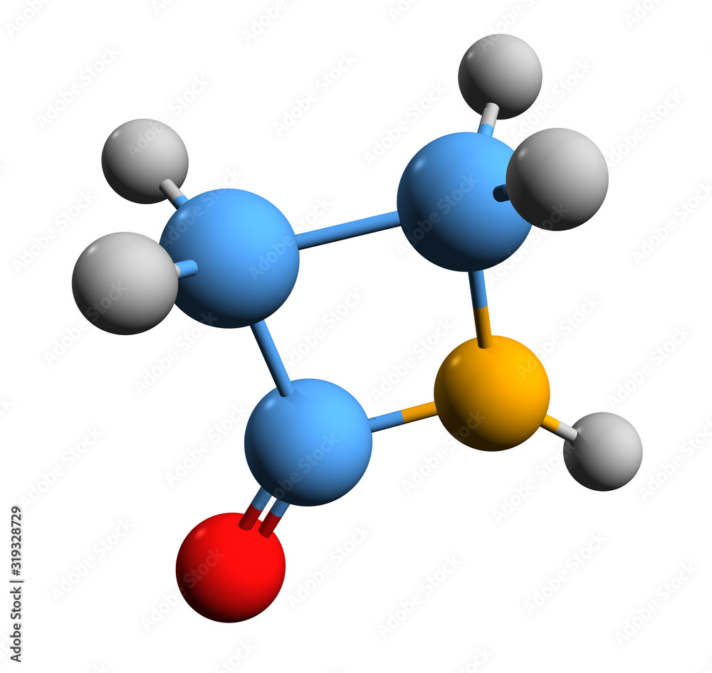 3D image of beta-lactam skeletal formula - molecular chemical structure of 2-azetidinone isolated on white background, 3D image of beta-lactam skeletal formula - molecular chemical structure of 2-azetidinone isolated on white background,