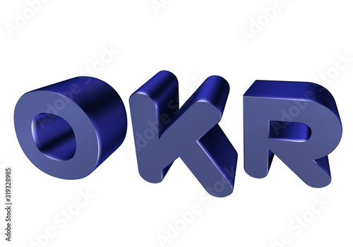 3D rendering metal OKR abbreviation - objectives and key results concept letter design isolated on white background photo