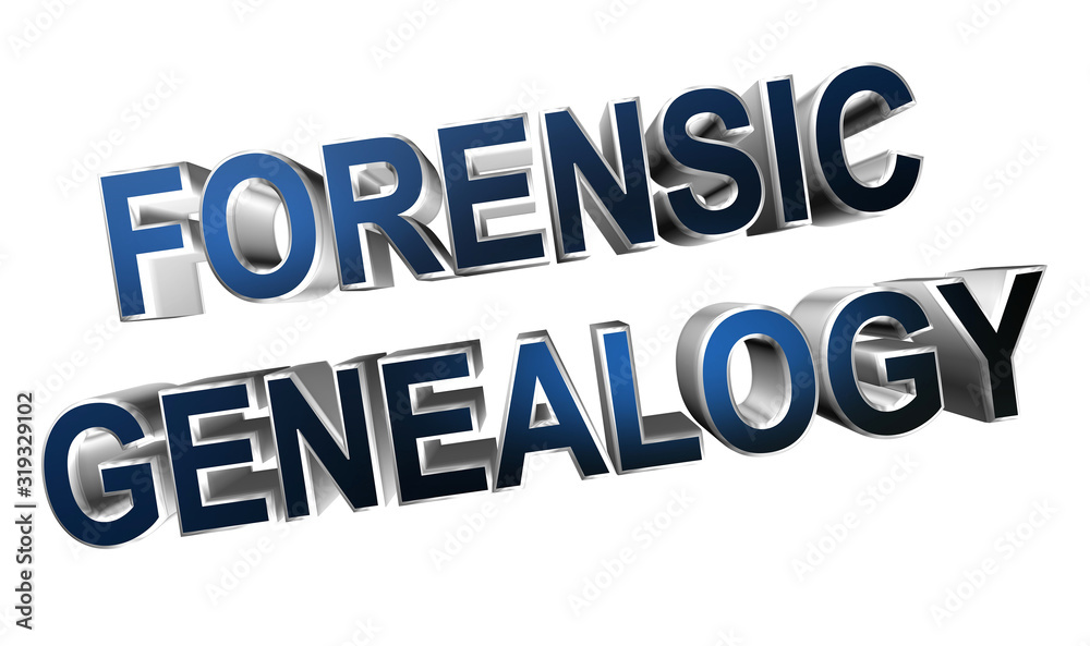 3D rendering forensic genealogy word - genealogical crime fighting letter design isolated on white background 3D rendering forensic genealogy word - genealogical crime fighting letter design isolated on white background