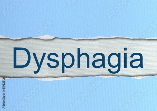 Dysphagia word - medical gastroenterological term concept design isolated on blue torn paper background photo