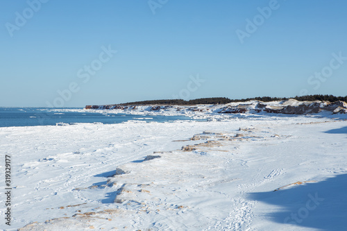 Ice and snow in winter in Cavendish National Park in Prince Edward Island
