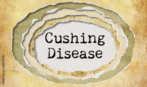 Cushing disease - typewritten word in ragged paper hole background -  Cushing's syndrome - concept tattered illustration photo