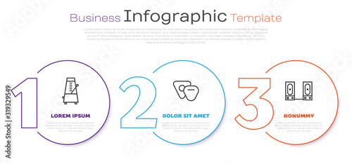 Set line Metronome with pendulum in motion, Guitar pick and Stereo speaker. Business infographic template. Vector