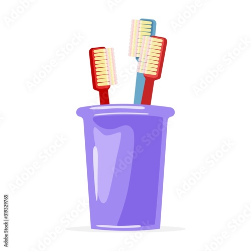 Two red and blue toothbrushes are in violet glass. Family toiletries, personal hygiene items. Oral care. Bathroom, washroom supplies. Vector cartoon illustration isolated on white background.