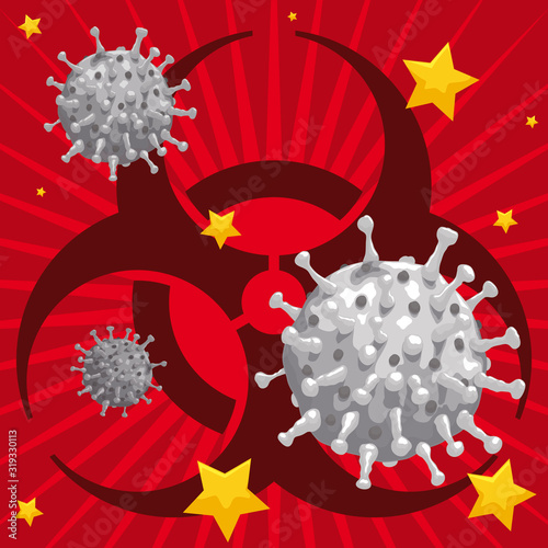 Biohazard Symbol, Virus and Stars for Awareness about Wuhan Coronavirus, Vector Illustration