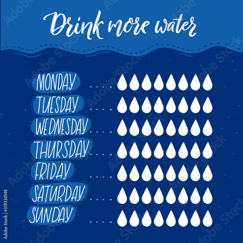 Daily water tracker with eight glasses rule checklist. Planner page, healthy habit goal. Blue wave background. Weekly hydration page.