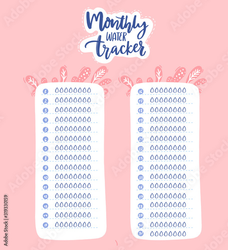 Monthly water tracker design. Pink checklist for regular water drinking habit. 8 glass every day rule.