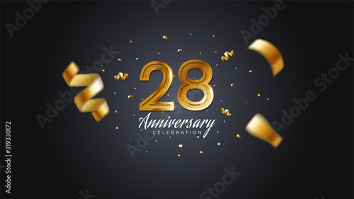 28th anniversary celebration Gold numbers with dotted halftone, shadow and sparkling confetti. modern elegant design with black background. for wedding party event decoration. Editable vector EPS 10