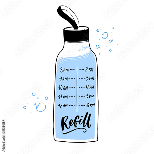 Reusable water bottle decal with timing of regular water intake. Hourly marked drinking flask. Motivational sticker design.