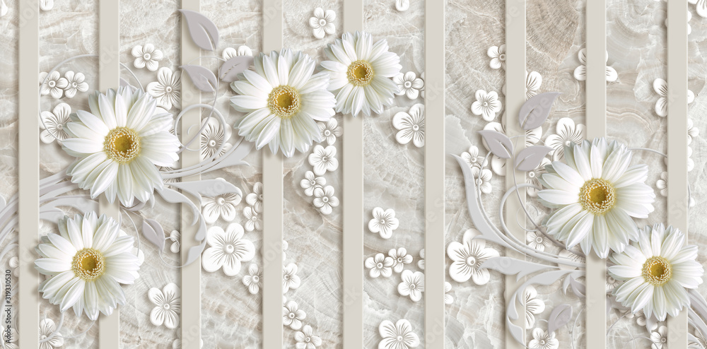 3d wallpaper, white chamomiles, vertical stripes, beige marble background
