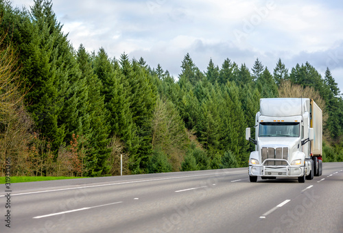 White big rig semi truck with grille guard transporting cargo in refrigerator container running on the interstate wide highway with green trees on the side