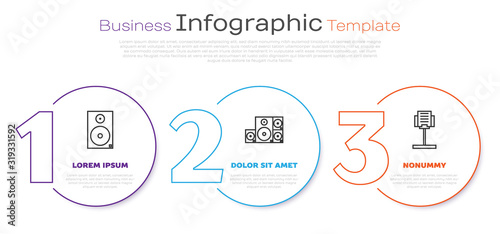 Set line Stereo speaker, Stereo speaker and Music stand. Business infographic template. Vector