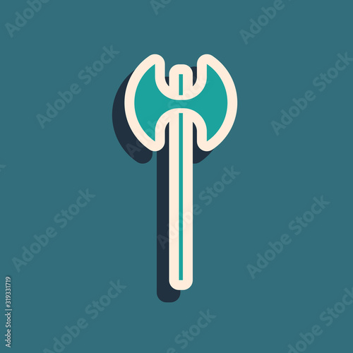 Green Medieval axe icon isolated on blue background. Battle axe, executioner axe. Medieval weapon. Long shadow style. Vector Illustration