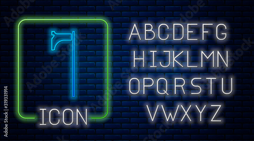 Glowing neon Medieval axe icon isolated on brick wall background. Battle axe, executioner axe. Medieval weapon. Neon light alphabet. Vector Illustration