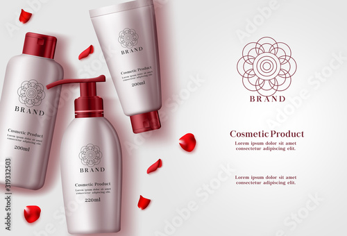 Cosmetic products vector banner template. Cosmetics product or mock up of lotion, moisturizer and sun protection bottle elements with red rose petals in white background. Vector illustration 3d.