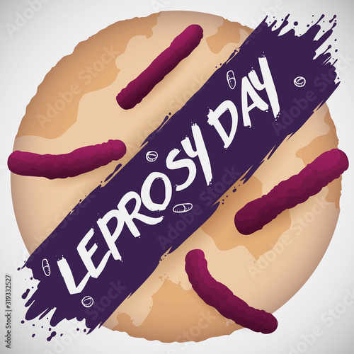 Button with Skin Patches, Bacillus and Splatter Promoting Leprosy Day, Vector Illustration