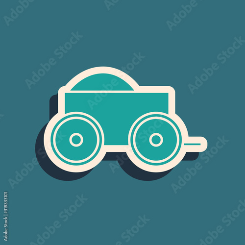 Green Wooden four-wheel cart with hay icon isolated on blue background. Long shadow style. Vector Illustration