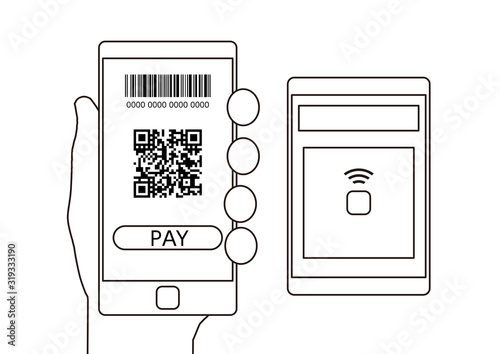 キャッシュレス決済に使えるQRコードを表示するスマホと端末