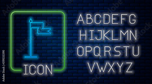 Glowing neon Medieval flag icon isolated on brick wall background. Country, state, or territory ruled by a king or queen. Neon light alphabet. Vector Illustration