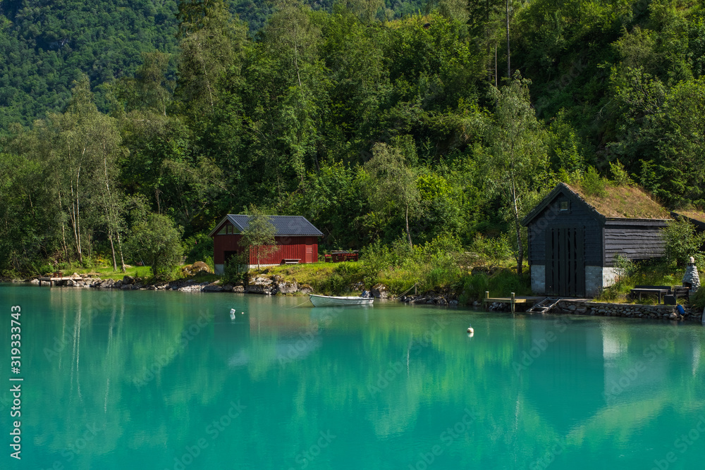 Fototapeta premium Beautiful lake Oldevatnent in Stryn, Norway. July 2019