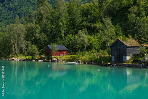 Beautiful lake Oldevatnent in Stryn, Norway. July 2019