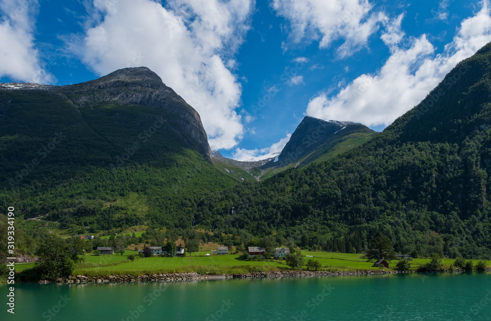 Beautiful lake Oldevatnent in Stryn, Norway. July 2019