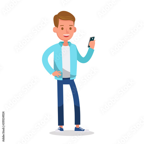 Boy wear blue jacket and playing mobile phone character vector design.