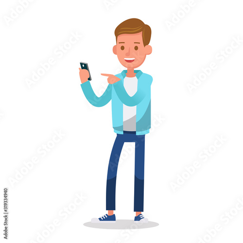 Boy wear blue jacket and playing mobile phone character vector design. no2
