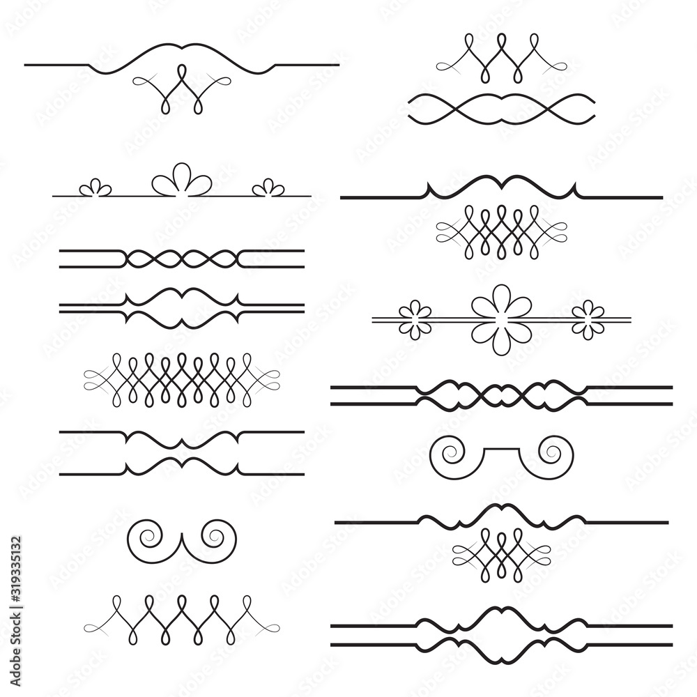 Vintage dividers and ornaments, calligraphic design elements and page decoration, retro style set, black isolated on white background, vector illustration.