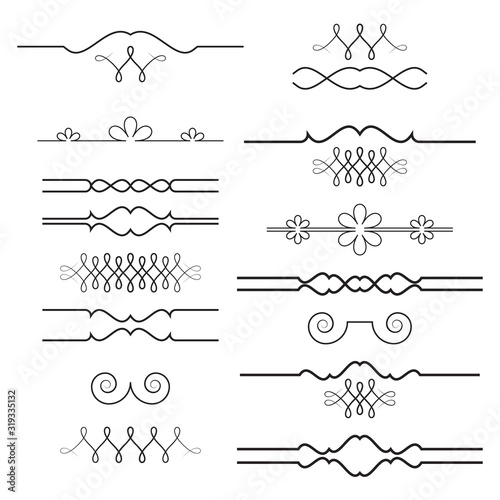 Vintage dividers and ornaments, calligraphic design elements and page decoration, retro style set, black isolated on white background, vector illustration.