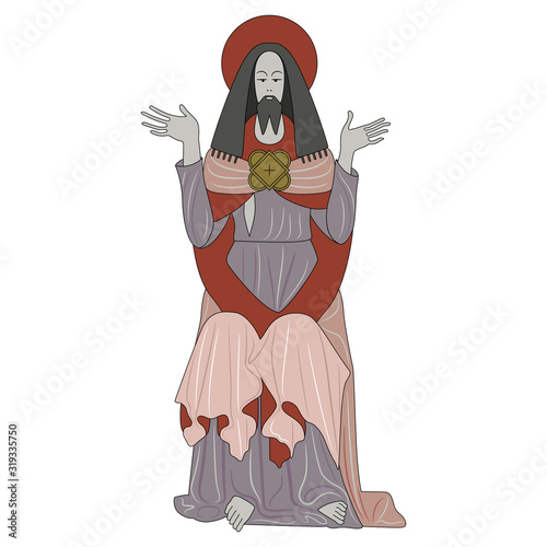 Isolated vector illustration. Seated Jesus Christ. Christian god. Medieval Catholic style. 