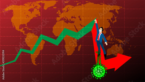 The cartoon infographic illustration picture of a sick businessman is pulled down by the green germs on the red falling graph. ( vector )