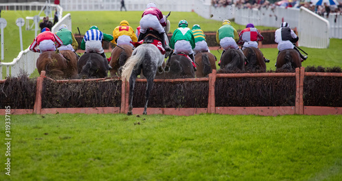 View from behind of Race horses and jockeys jumping a hurdle