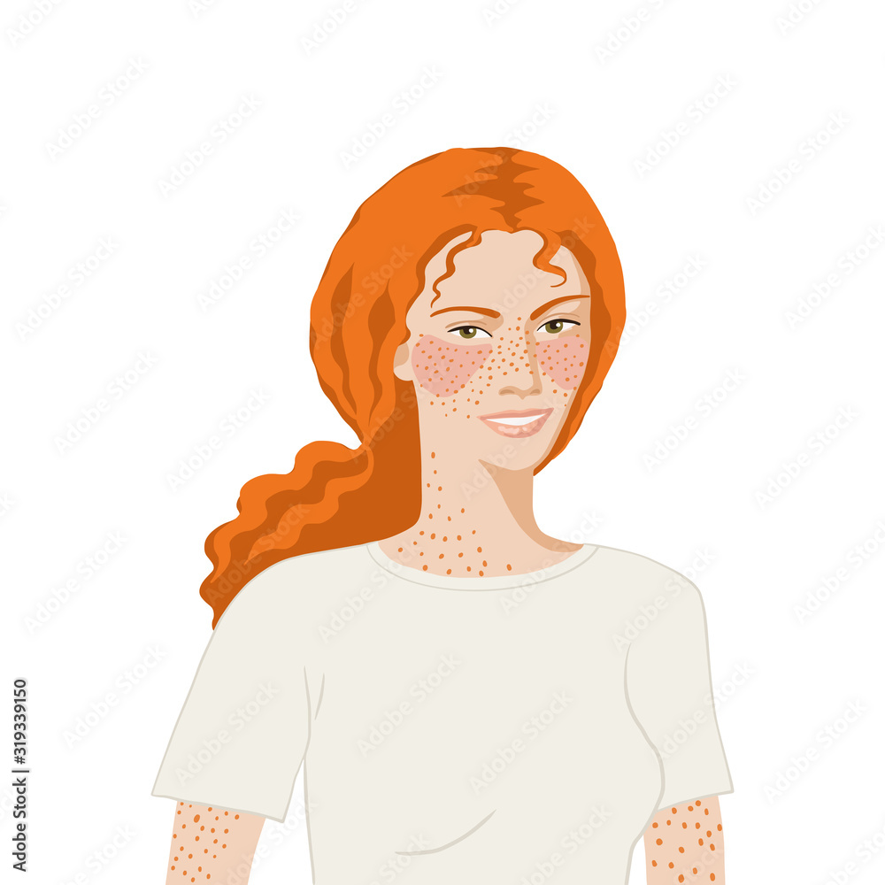Flat realistic red head european woman on white background Flat realistic red head european woman on white background