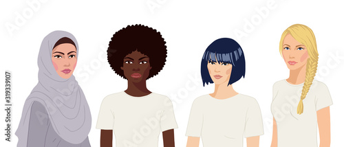 Flat hand drawn international women portrait on white background