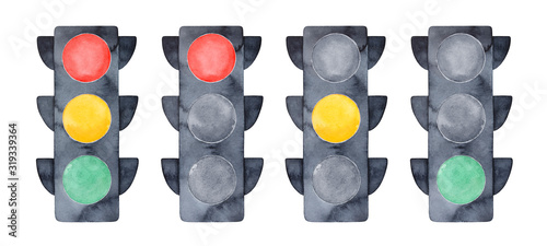Fotografie Illustration set of LED traffic lights with all three colors on and showing red, yellow and green lights