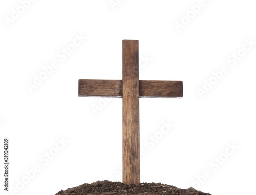 Fotografie, Obraz Wooden cemetery cross and soil on white background