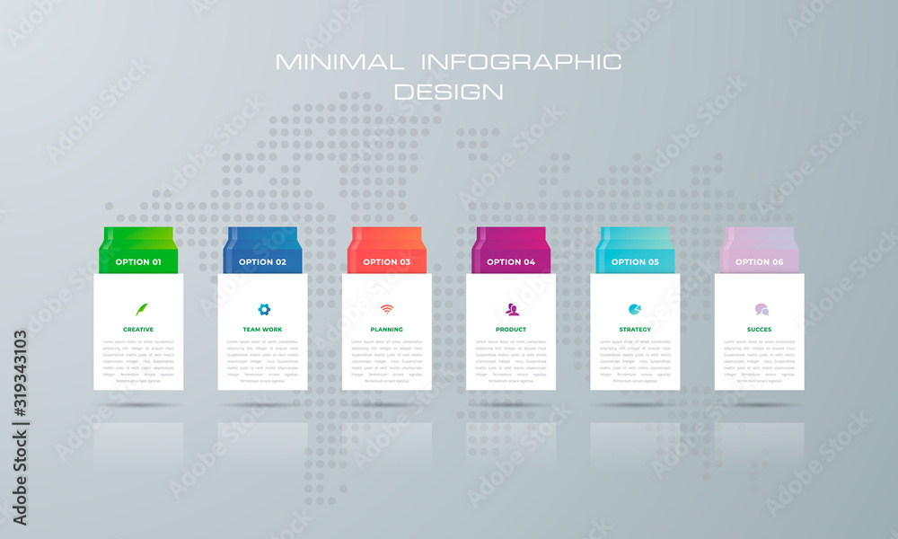 Info graphic template with 6 options, workflow, process chart, Timeline info graphics design , diagram, annual report, web design, steps or processes. - Vector