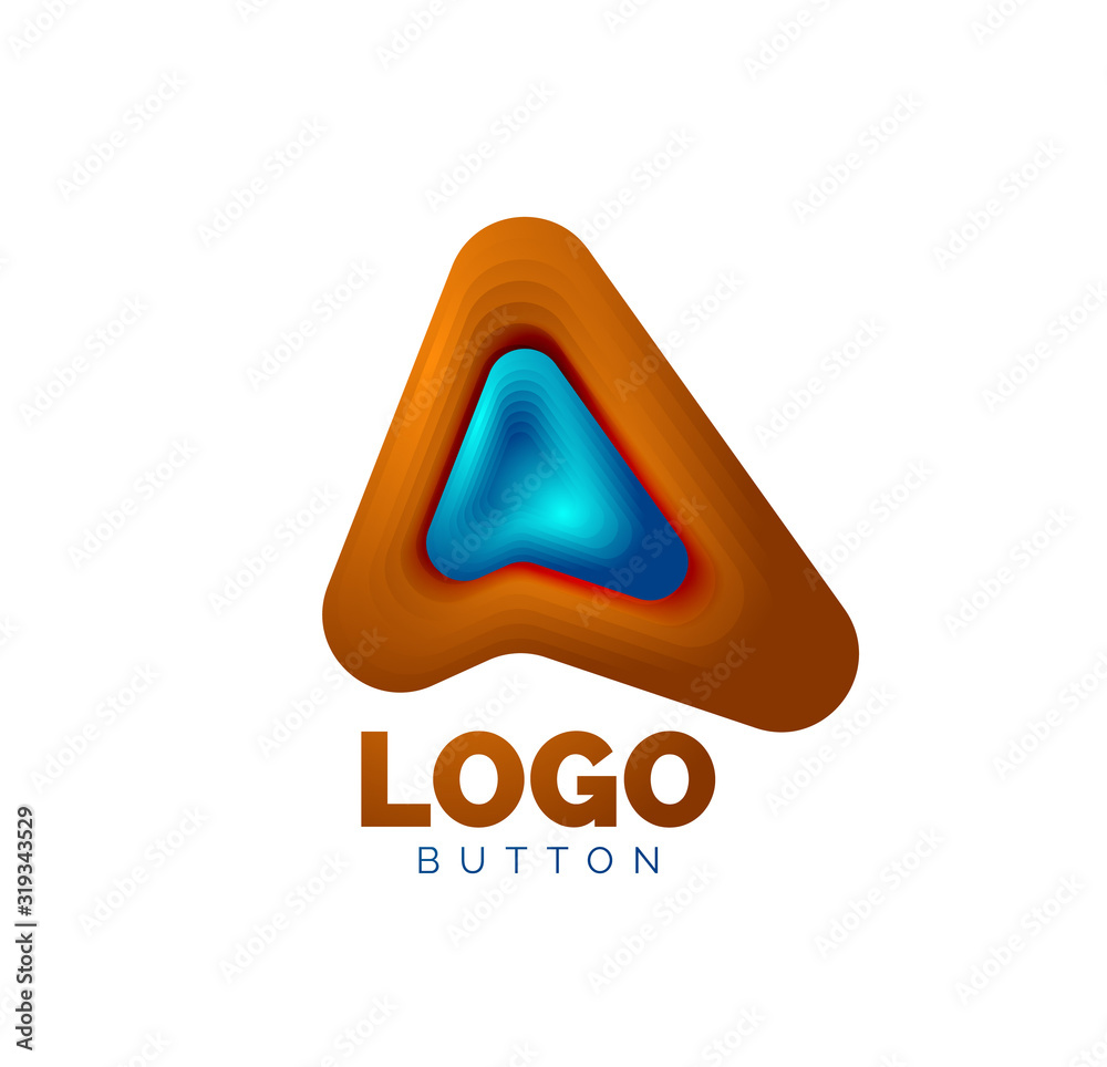 Arrow logo template. Or play or download button logotype template. Minimal geometrical design, 3d geometric bold symbol in relief style with color blend steps effect. Vector Illustration Arrow logo template. Or play or download button logotype template. Minimal geometrical design, 3d geometric bold symbol in relief style with color blend steps effect. Vector Illustration