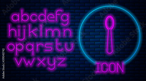 Glowing neon Disposable plastic spoon icon isolated on brick wall background. Neon light alphabet. Vector Illustration