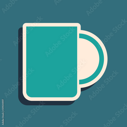 Green Coffee cup icon isolated on blue background. Tea cup. Hot drink coffee. Long shadow style. Vector Illustration