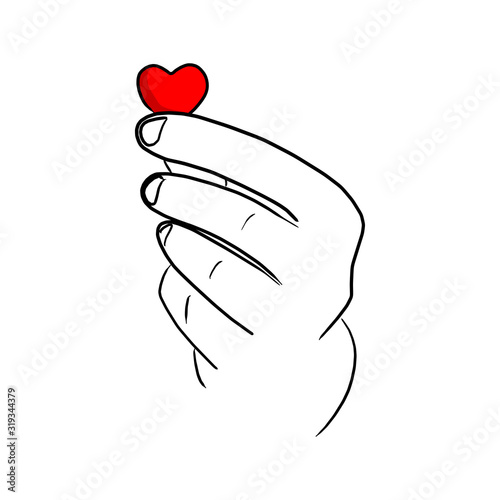 close-up hand holding red paper heart vector illustration sketch doodle hand drawn isolated on white background