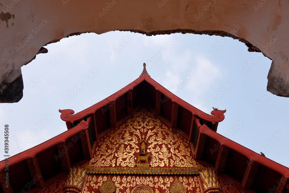 ancient golden line art over the buddhist church in thailand ancient golden line art over the buddhist church in thailand