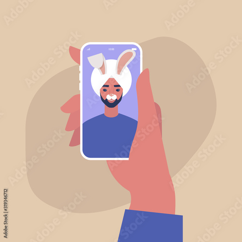 Digital face application, young indian male character wearing a bunny mask, millennial lifestyle