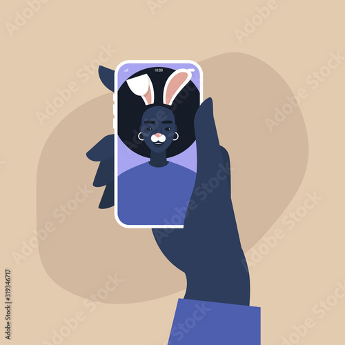 Digital face application, young black female character wearing a bunny mask, millennial lifestyle