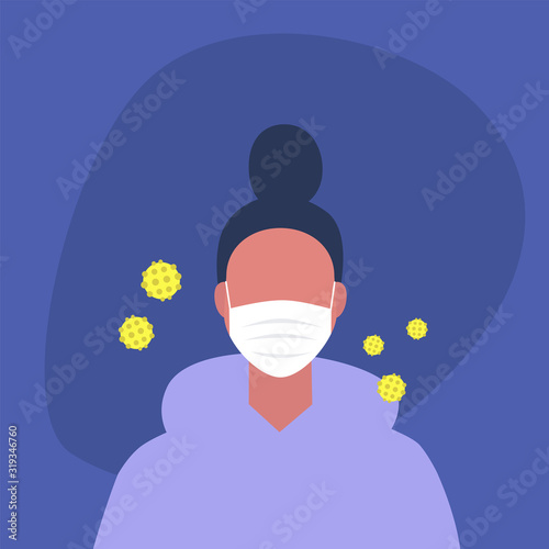 Coronavirus epidemic, young female character wearing a protective mask, healthcare