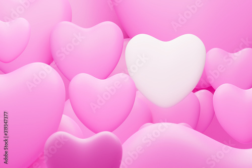 3d Render White heart shape among pink heart shapes