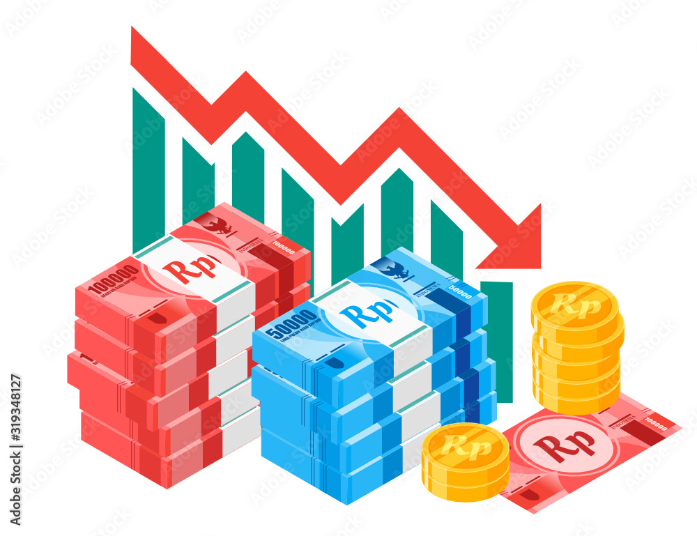 Indonesian Rupiah Exchange Rate Stock Market Value Price Decrease down vector icon logo design. Indonesia currency, finance & economy element.  Can be used for web, mobile, infographic & print.